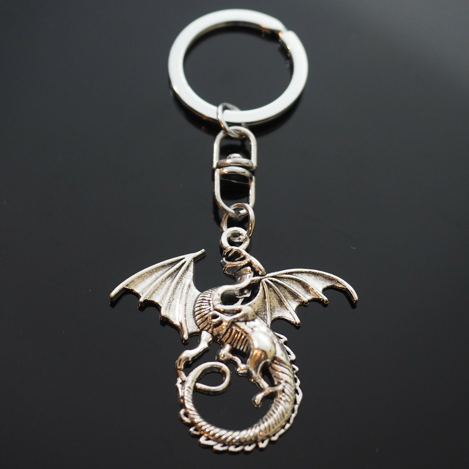 Winged Dragon Long Tail Silver Keychain Swivel Winged Dragon Long Tail Silver Keychain Swivel