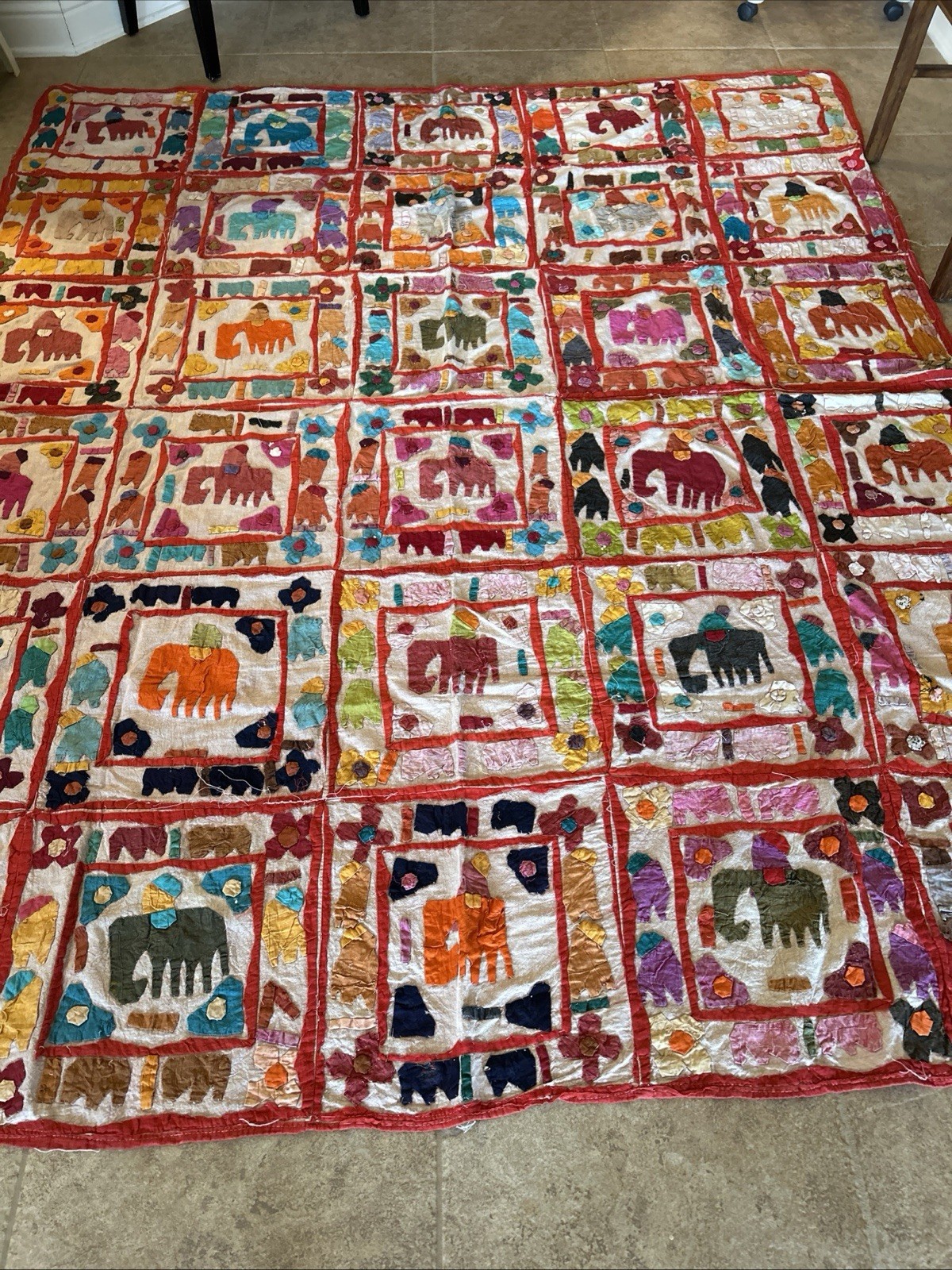 Vintage Handmade Applique Wall Hanging Quilt Bedspread Elephants Boho 78x94” Vintage Handmade Applique Wall Hanging Quilt Bedspread Elephants Boho 78x94”