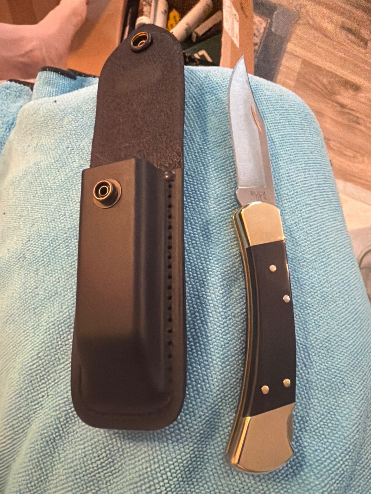 BUCK 110 Folding Hunter with leather sheath BUCK 110 Folding Hunter with leather sheath