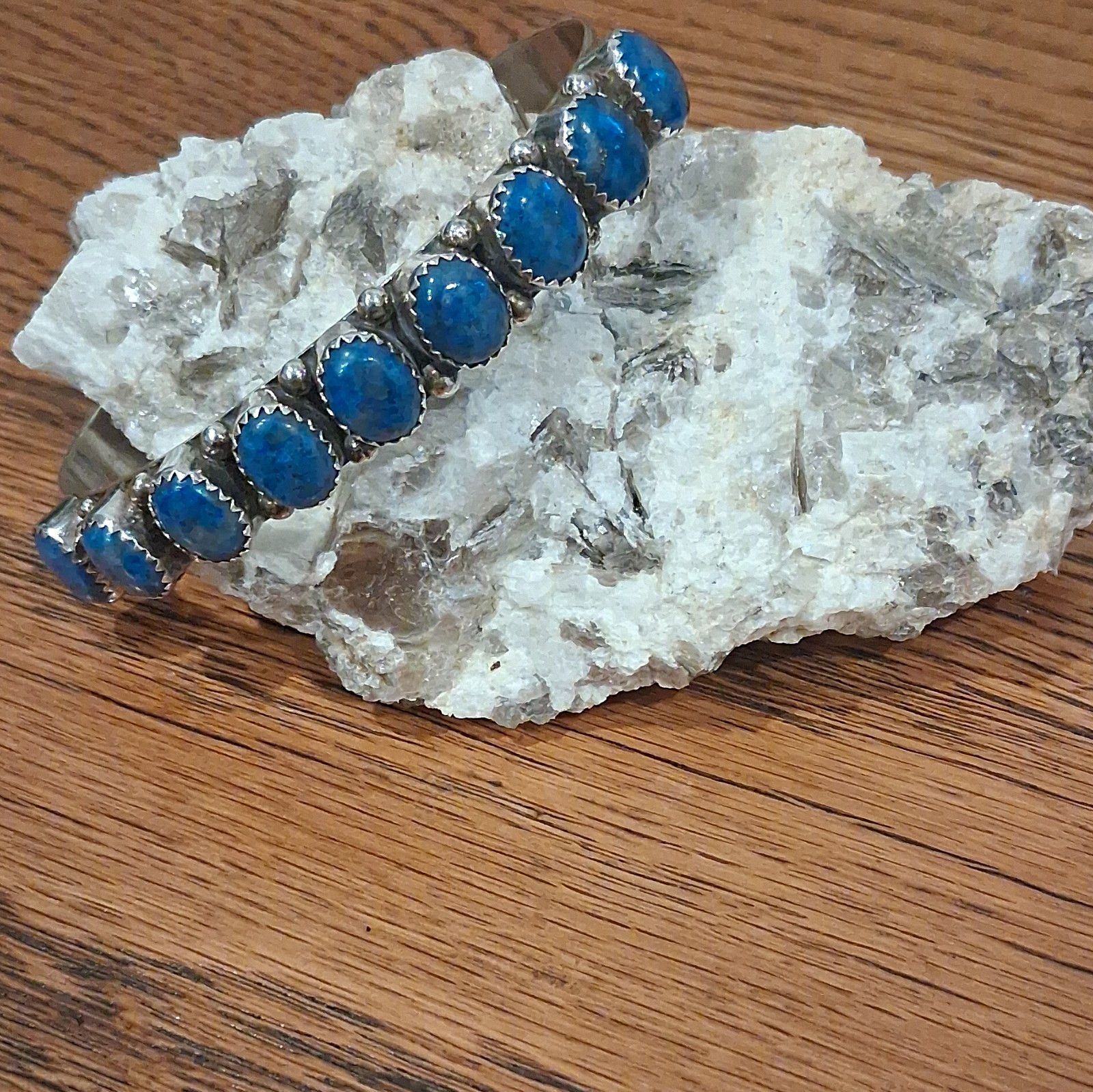 Vintage Native Made Sterling Silver Turquoise Row Cuff Bracelet
