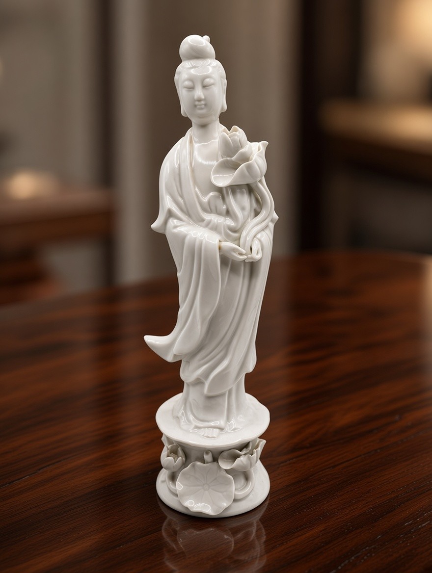 Vintage Blanc de Chine Guanyin Statue – High‑Gloss White Porcelain – Lotus Flowe
