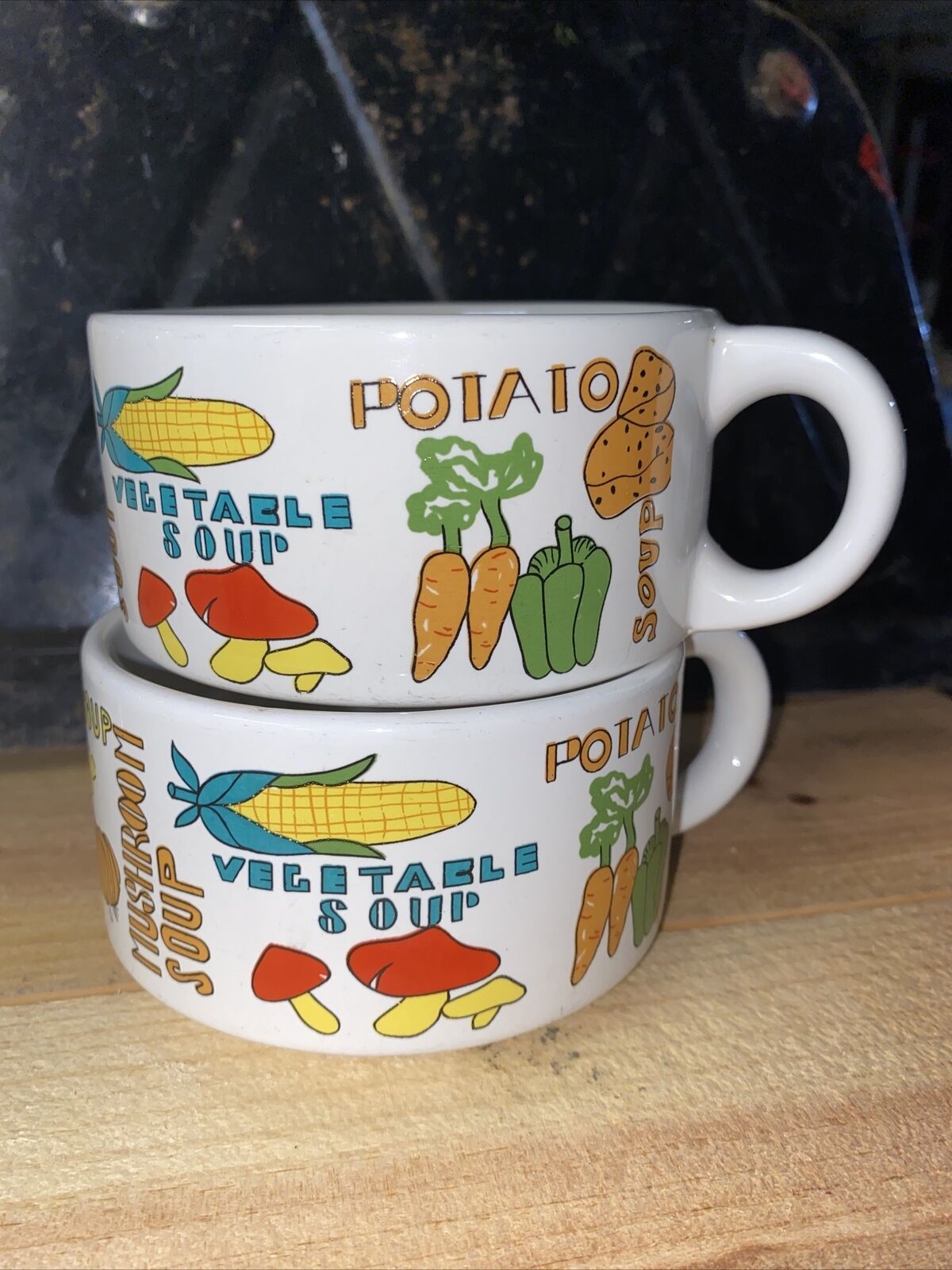 Vintage 1970s Set of 2 Soup Bowl/Mug With Vegetables Names of Various Soups HTF