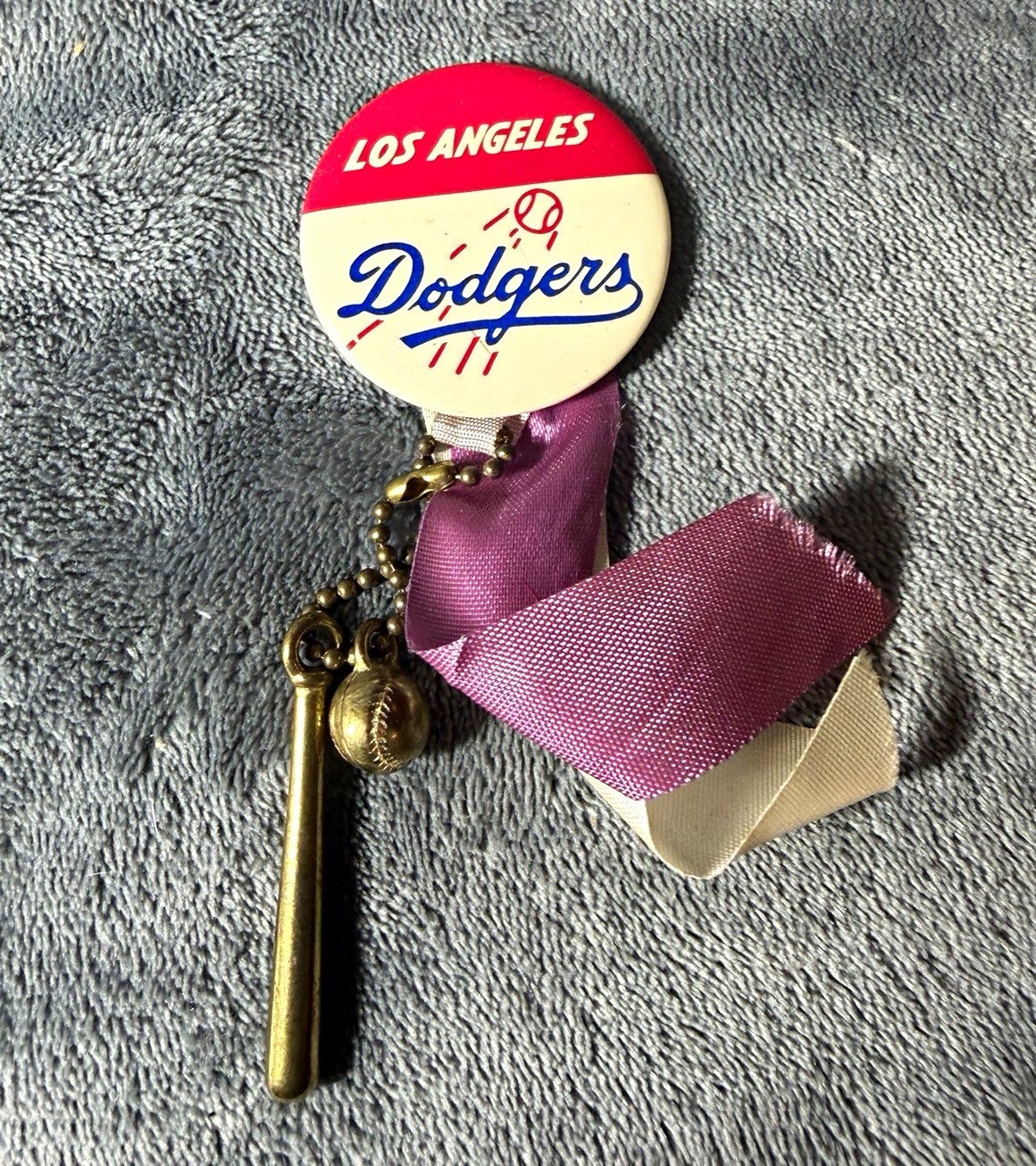 Vintage 1960s Los Angeles Dodgers Pinback Ribbon Bat Ball Charm MLB Baseball