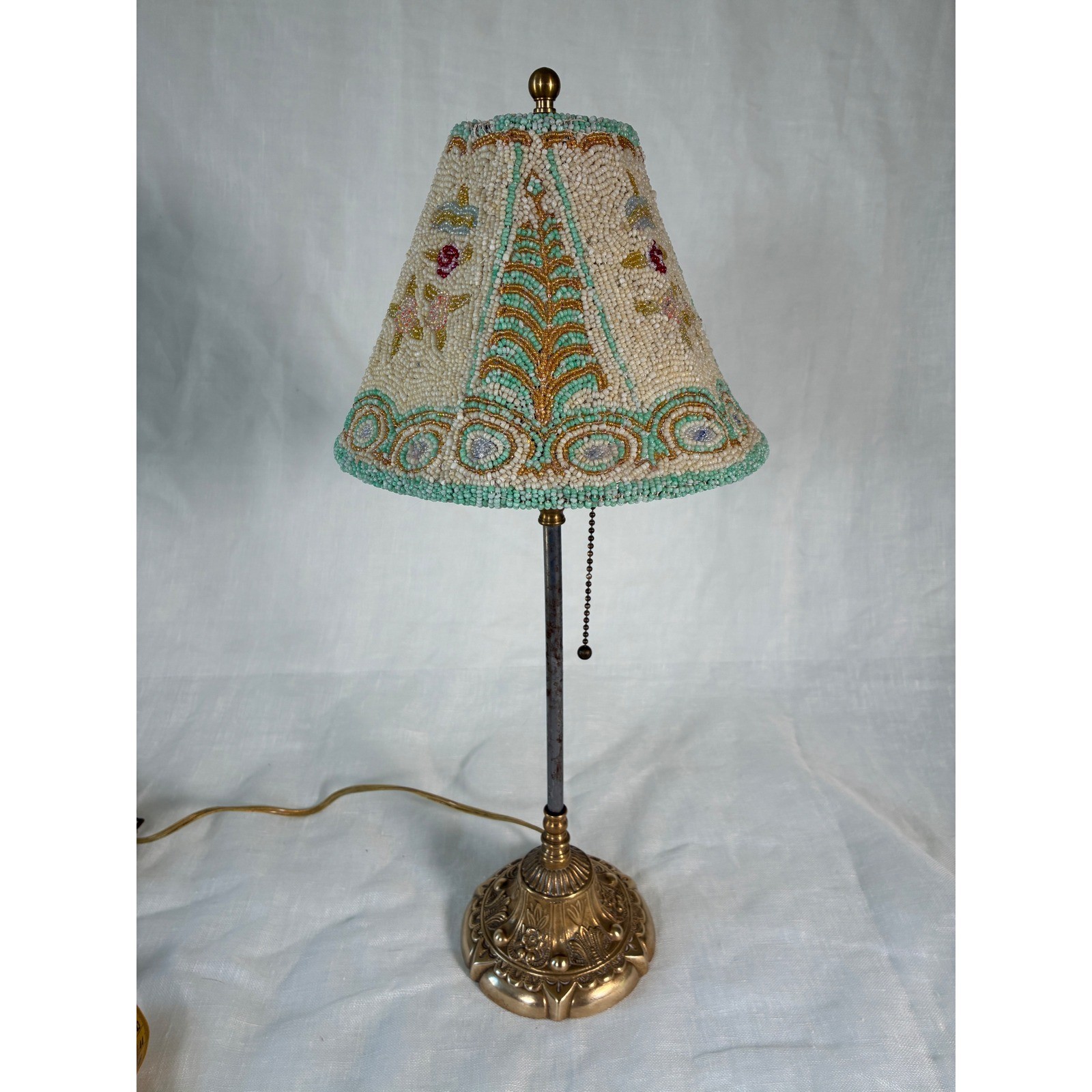 Vintage Wescal Brass Table Lamp Ornate Beaded Floral Shade 1980s Vintage Wescal Brass Table Lamp Ornate Beaded Floral Shade 1980s