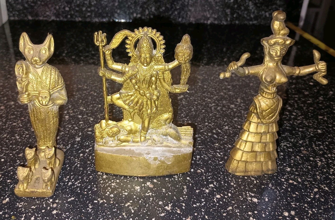 ANCIENT EGYPTIAN Bastet Cat, Kali Mata, Minoan Snake Serpent Goddess, Lot Of 3 ANCIENT EGYPTIAN Bastet Cat, Kali Mata, Minoan Snake Serpent Goddess, Lot Of 3