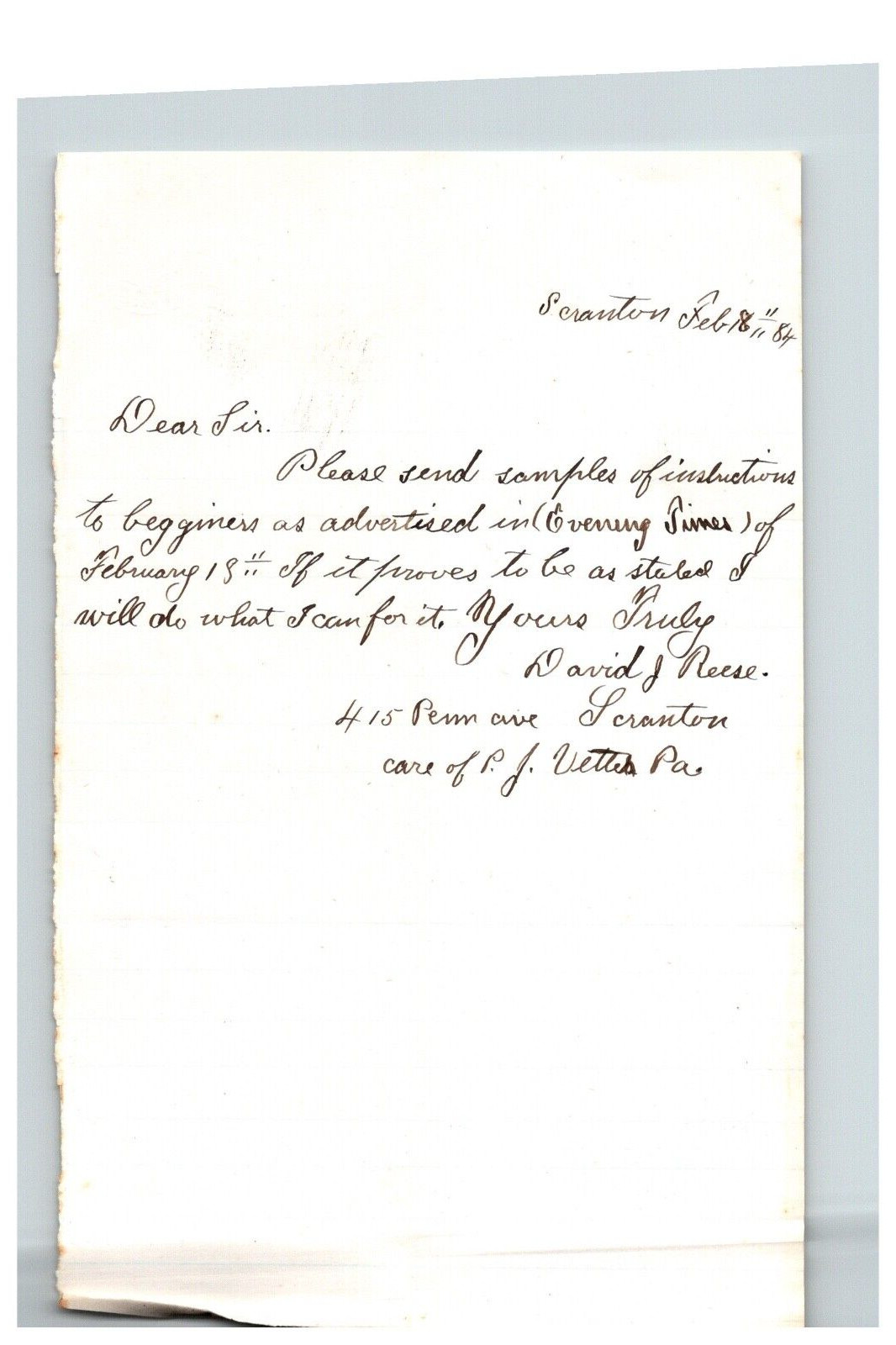 1884 Handwritten Letter David J Reese Scranton PA Pennsylvania History Family
