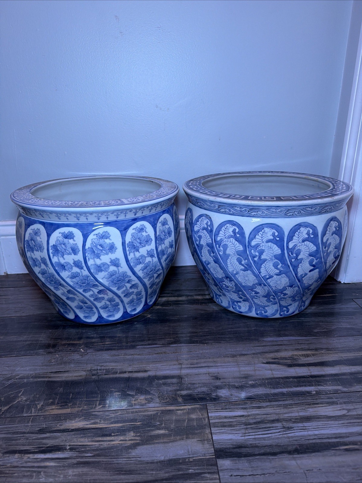 Pair Vintage Chinese Blue & White Porcelain Wave Fishbowl Planter Pots 12x9 Pair Vintage Chinese Blue & White Porcelain Wave Fishbowl Planter Pots 12x9