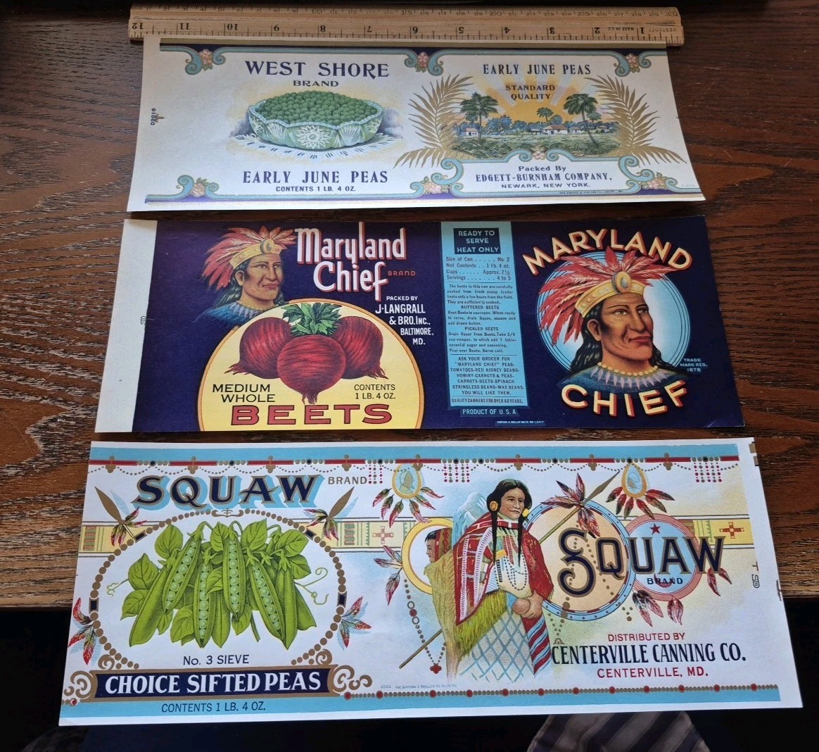 LOT of 3 antique ORIGINAL vegetable advertising can labels Native American art LOT of 3 antique ORIGINAL vegetable advertising can labels Native American art
