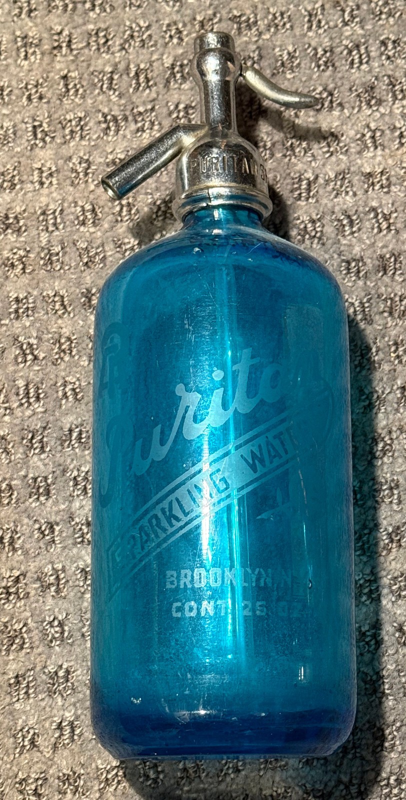 Vintage Cobalt Blue Czech Glass Seltzer Bottle - Puritan Sparkling Water Bklyn Vintage Cobalt Blue Czech Glass Seltzer Bottle - Puritan Sparkling Water Bklyn