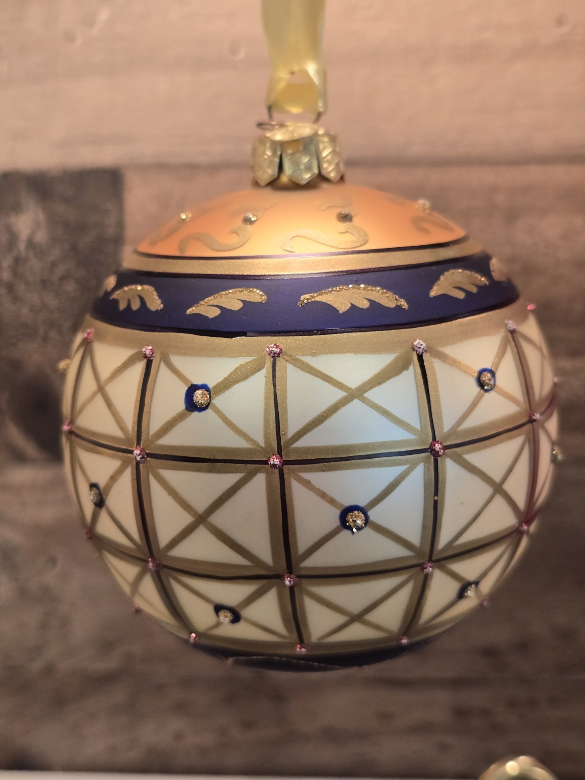 Vintage Dept 56 Ball Ornament Large Gold Blue Made in Poland Glitter Christmas