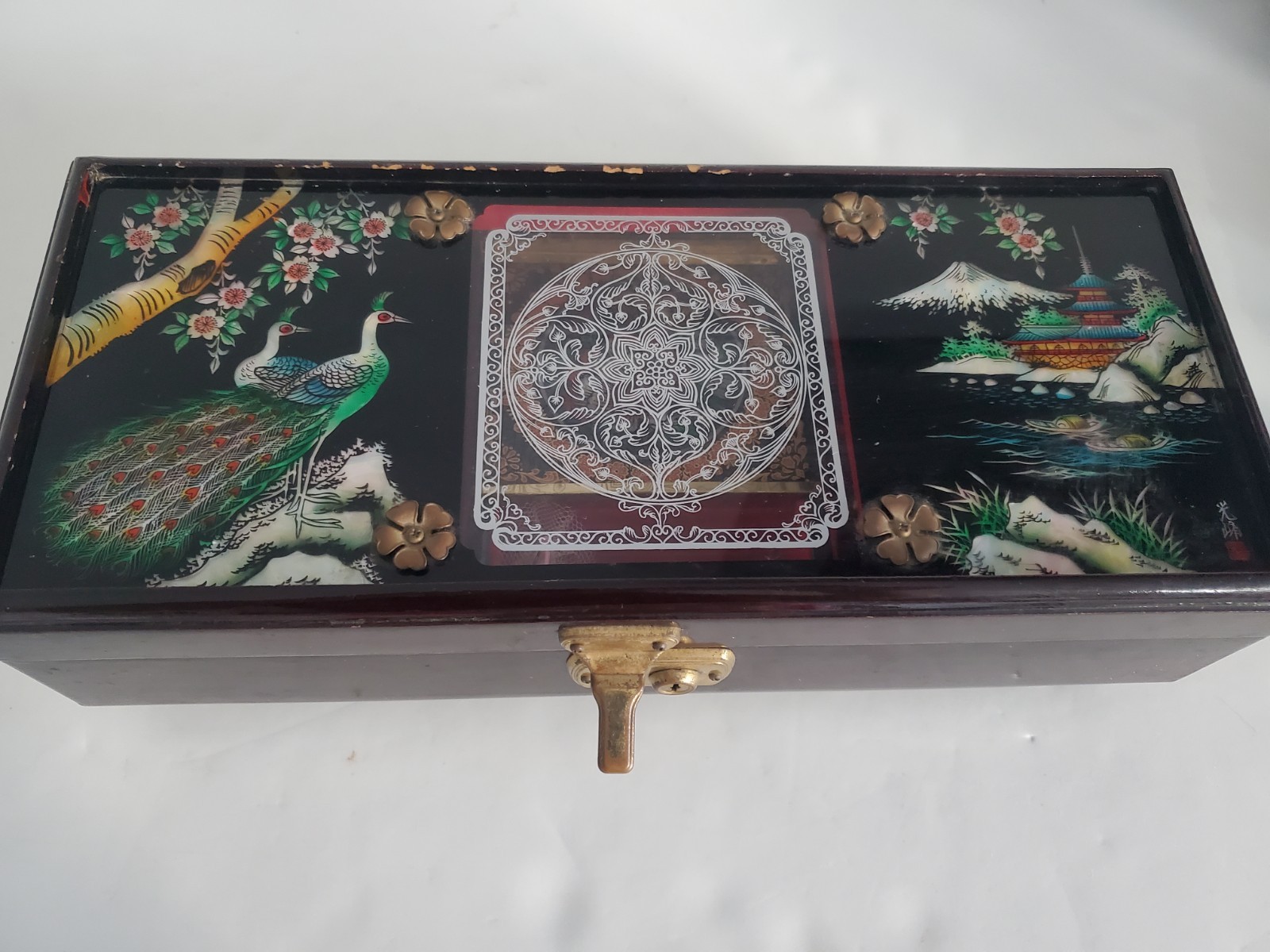 Beautiful Vintage Japan Musical Jewelry Box Peacock Mt Fiji Design L 14 Beautiful Vintage Japan Musical Jewelry Box Peacock Mt Fiji Design L 14