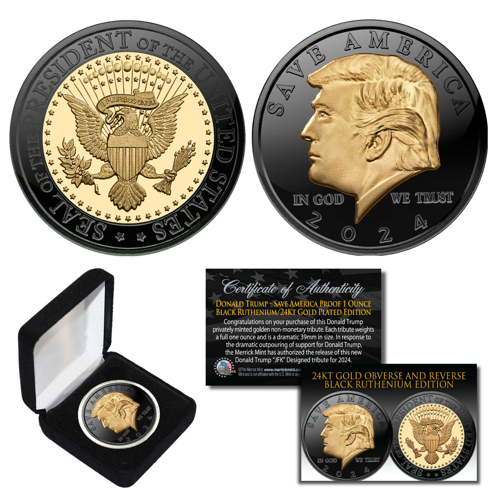 DONALD TRUMP Save America 2024 BLACK RUTHENIUM & 24K GOLD 1 OZ Coin with BOX DONALD TRUMP Save America 2024 BLACK RUTHENIUM & 24K GOLD 1 OZ Coin with BOX