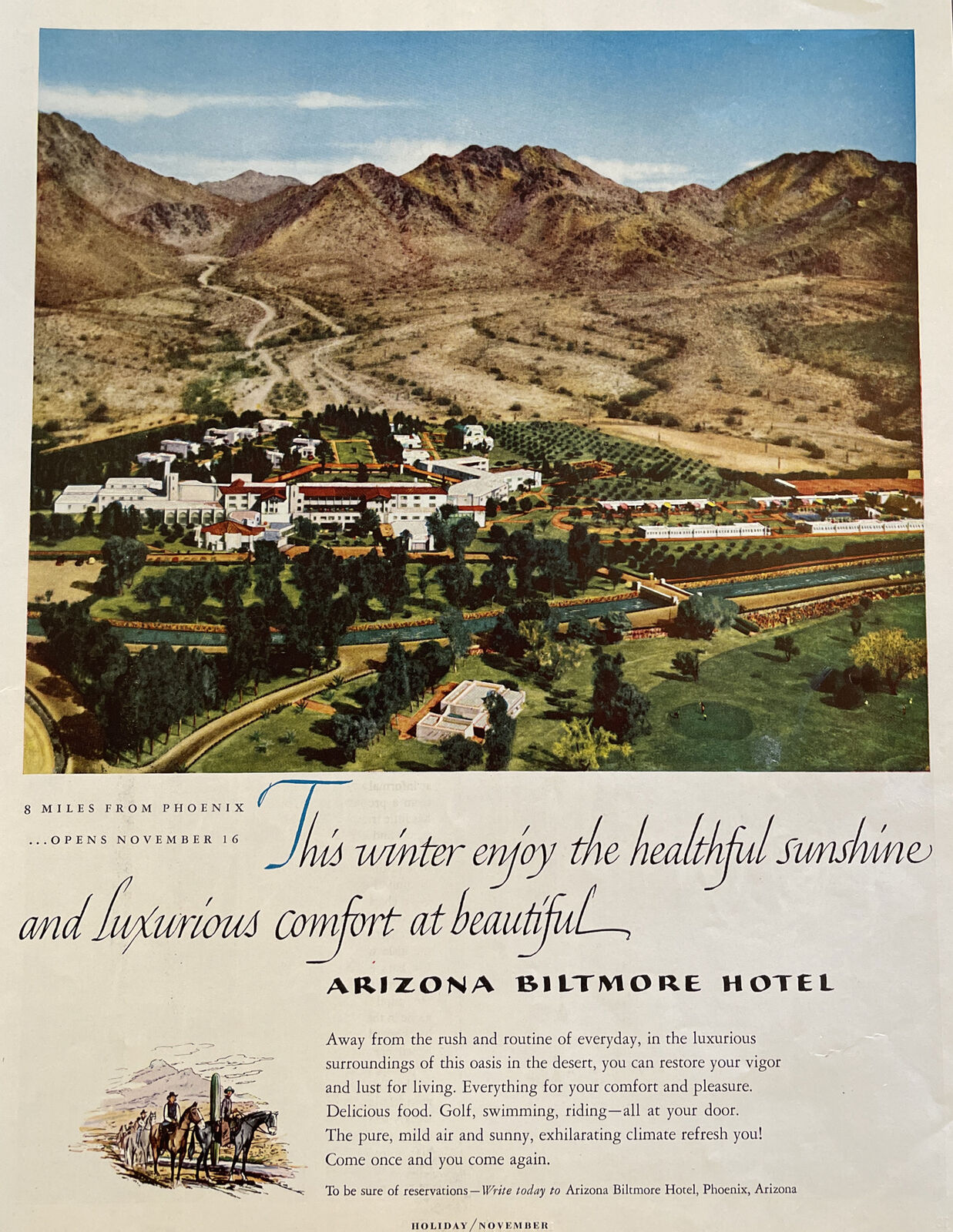 Vintage 1952 Print Ad Arizona Biltmore Hotel Resort Desert Oasis Phoenix