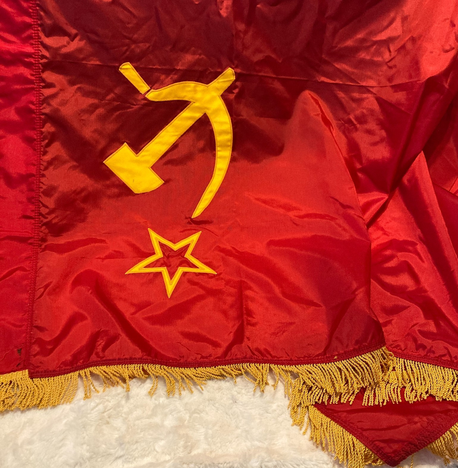 Vintage USSR Flag Gold Fringe Soviet Union Banner Hammer Sickle Star 3'x5' Vintage USSR Flag Gold Fringe Soviet Union Banner Hammer Sickle Star 3'x5'