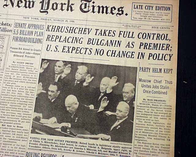 NIKITA KHRUSHCHEV Becomes Soviet Premier for Total Russia Control 1958 Newspaper