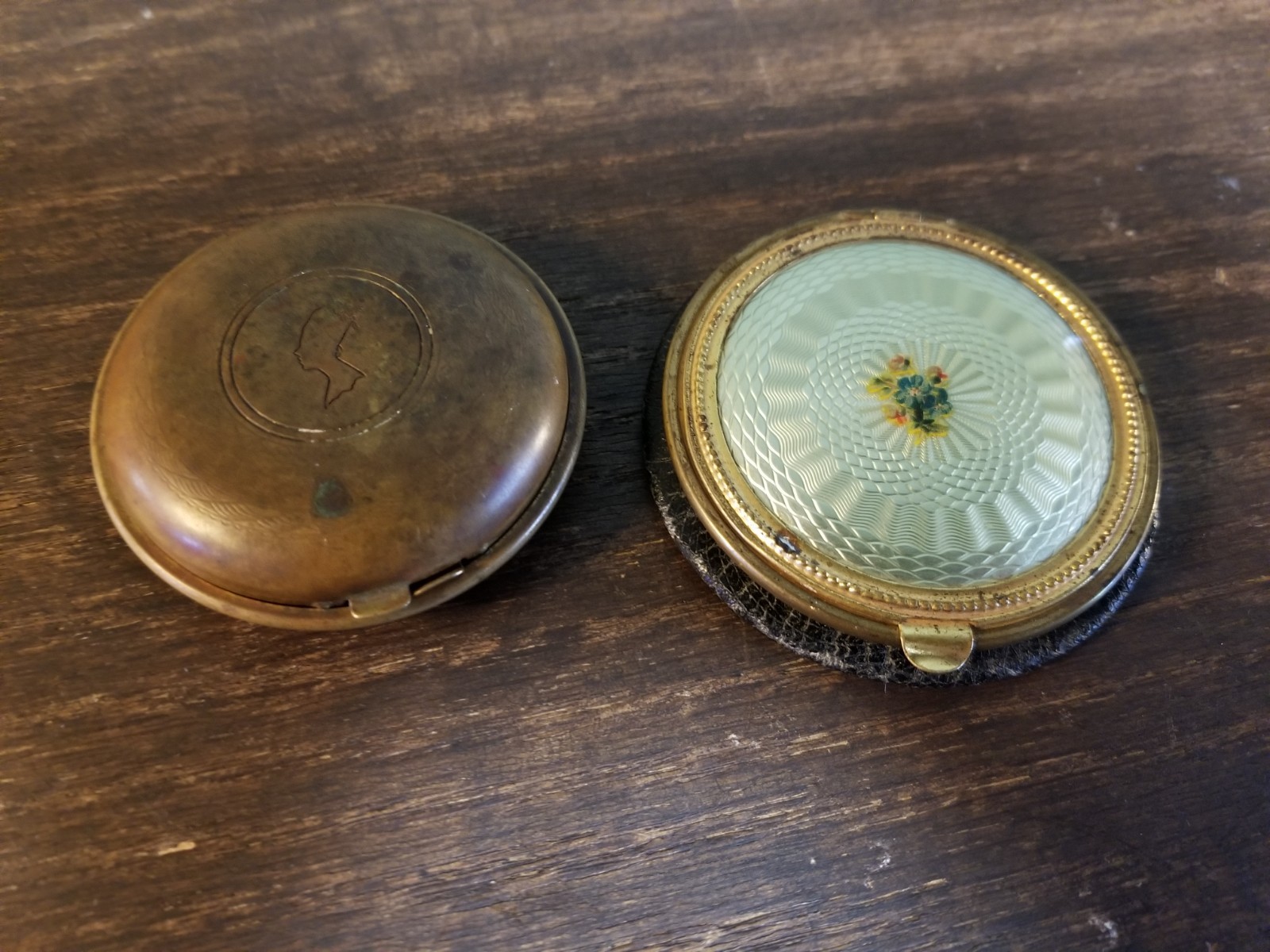 Lot of 2 Antique Compact Mirror Cases Armand and Flowered Made in USA Lot of 2 Antique Compact Mirror Cases Armand and Flowered Made in USA