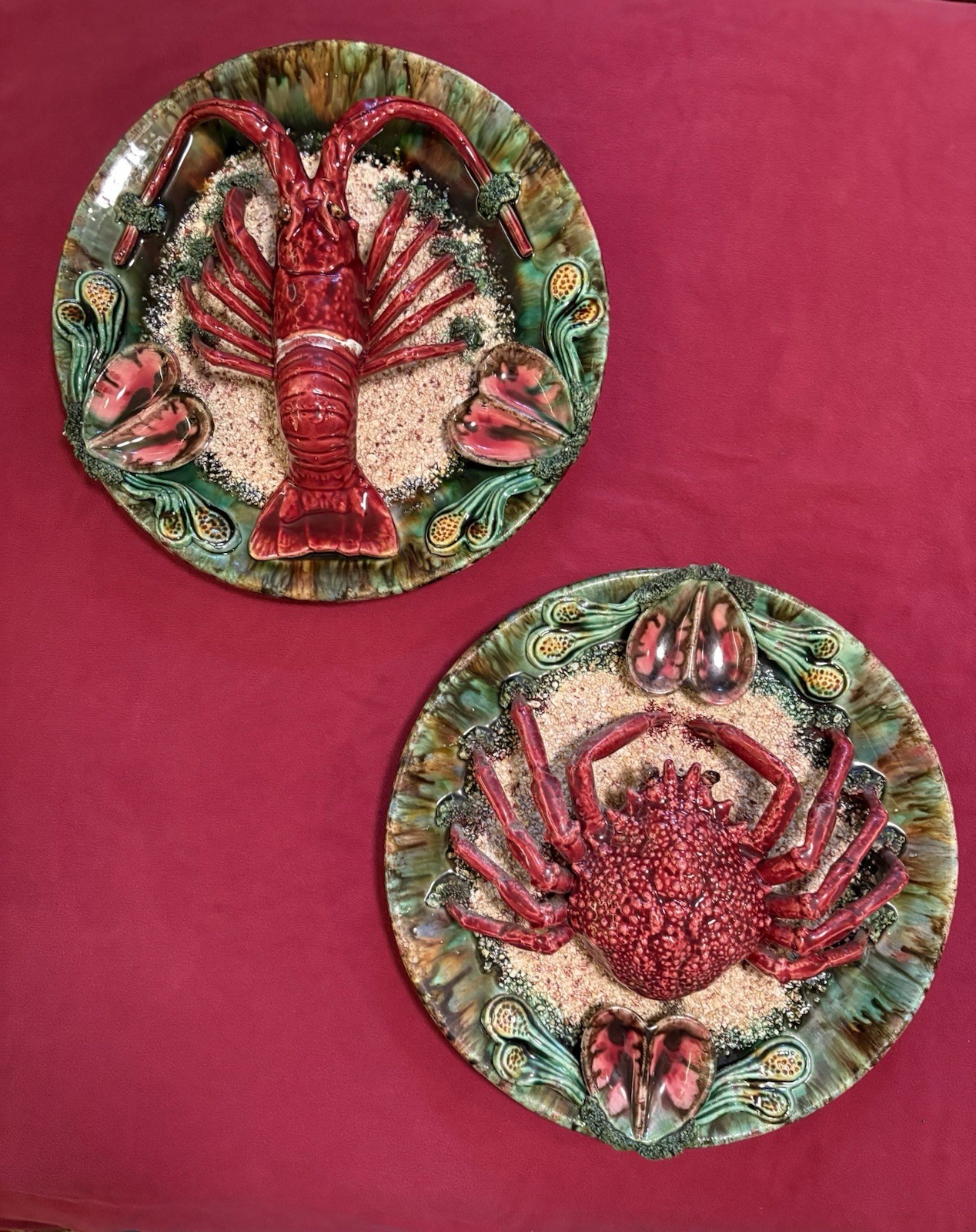 A Set of Vintage Handmade Majolica Decorative Lobster  & Crab Wall Plates.  13”
