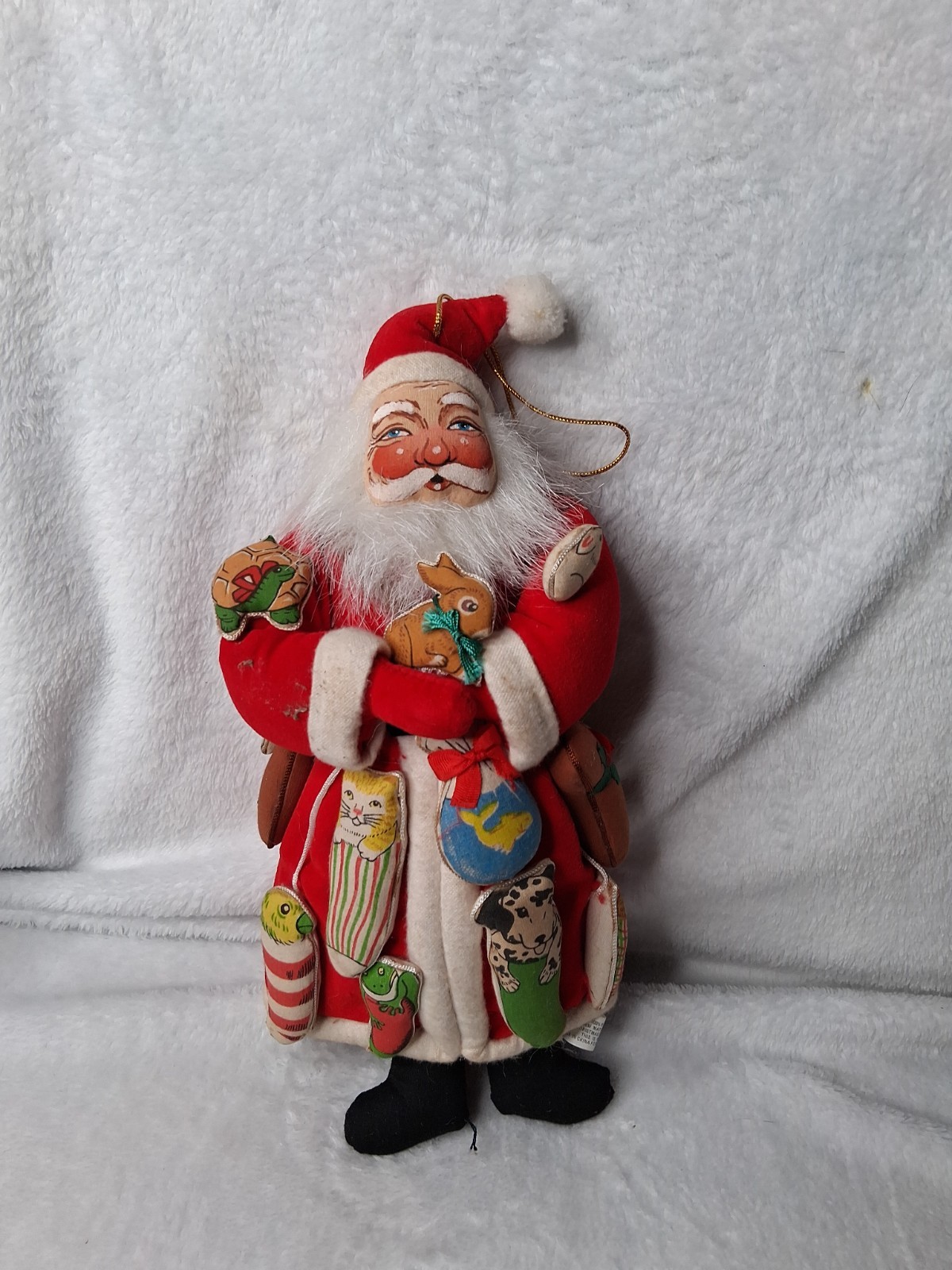 VTG Christmas Corner Santa Claus Hand Painted Cloth Face Hanging Velvet Plush