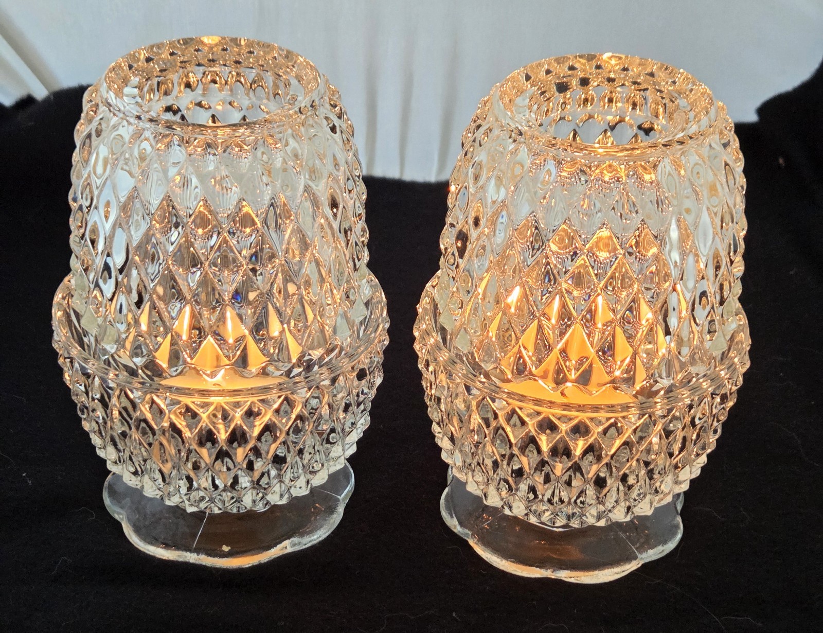 Vintage Indiana Glass Fairy Lamp Lite Clear Diamond Point Candle Holder 2 pc Set Vintage Indiana Glass Fairy Lamp Lite Clear Diamond Point Candle Holder 2 pc Set