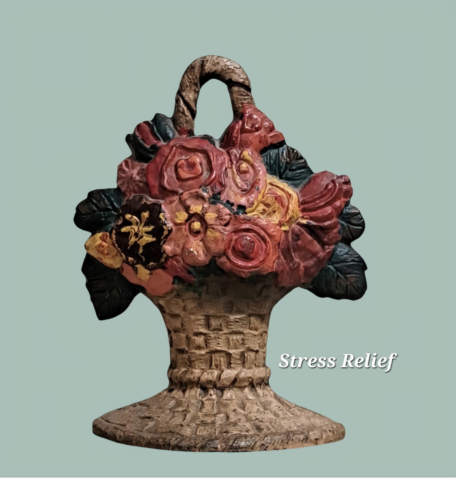 Antique Hubley 818 Cast Iron Flower Basket Doorstop Painted Floral 9.5