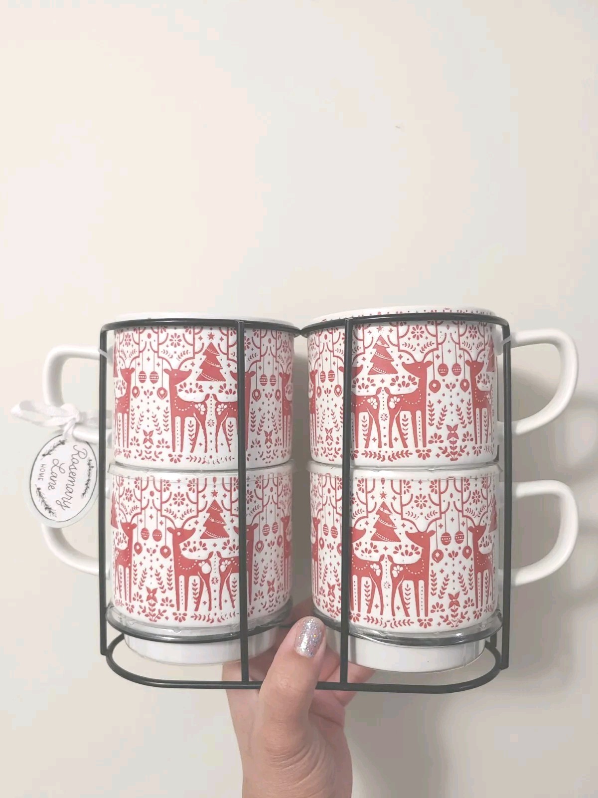 NEW Holiday Reindoor Coffee Red White Christmas Tea Mugs Rosemary Lane 4pc Set NEW Holiday Reindoor Coffee Red White Christmas Tea Mugs Rosemary Lane 4pc Set