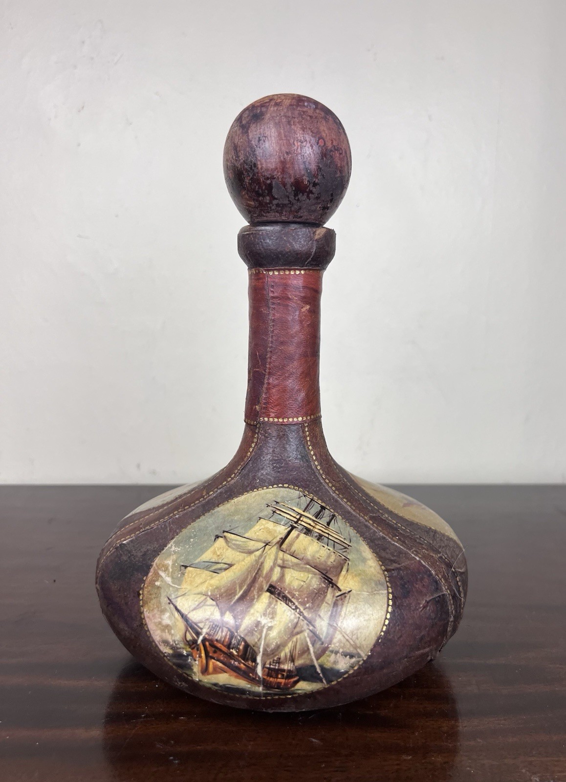 VTG Italian Leather Wrapped Decanter Old Money Ships Nautical 11 VTG Italian Leather Wrapped Decanter Old Money Ships Nautical 11