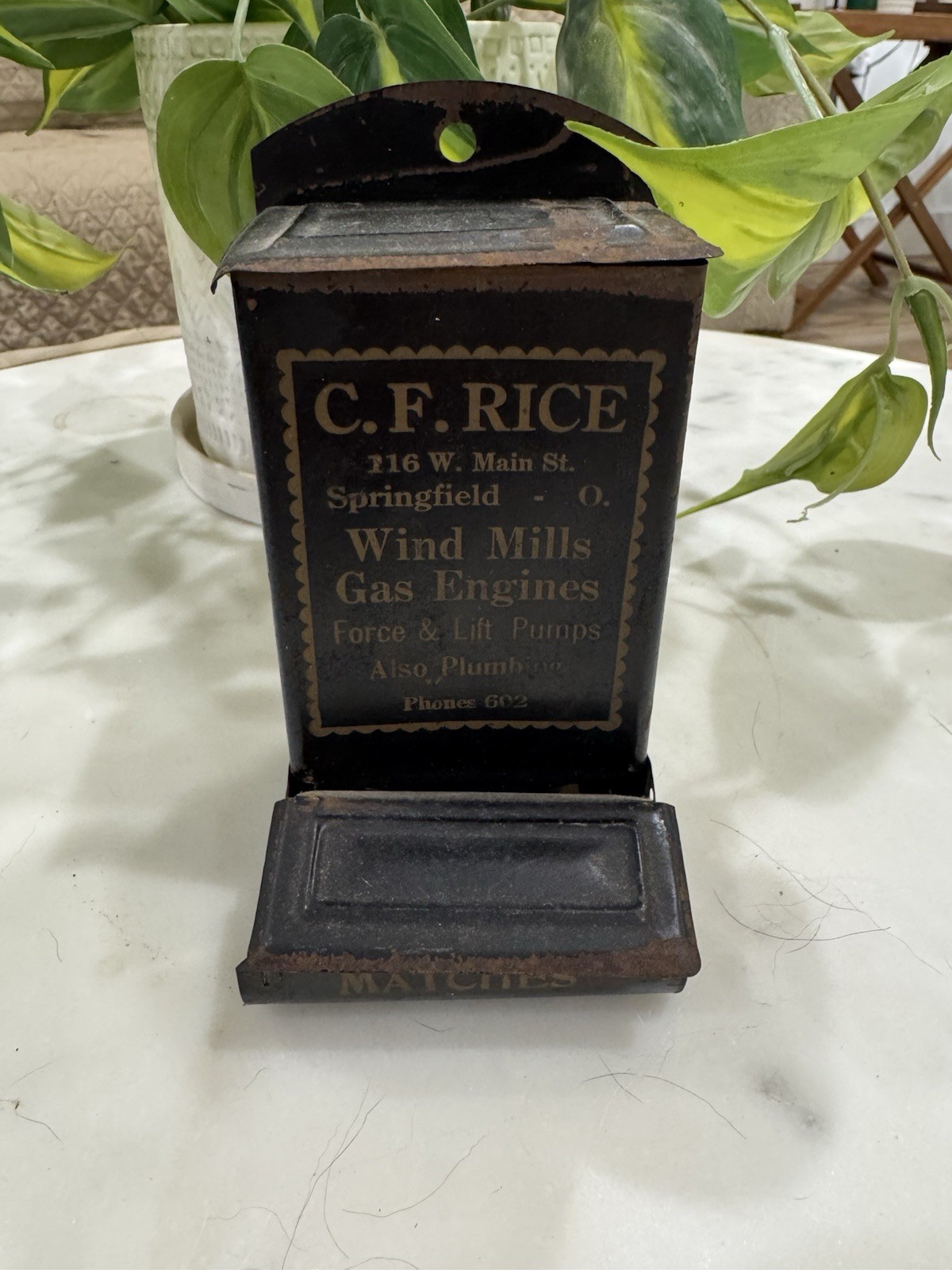 Antique C.F. Rice Advertising Tin Wall Match Holder Antique C.F. Rice Advertising Tin Wall Match Holder