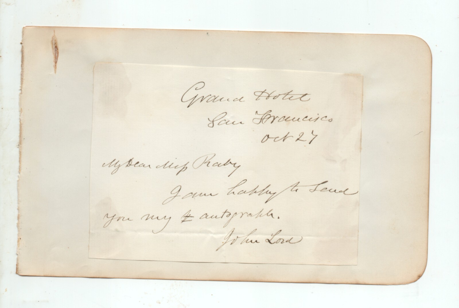 JOHN LORD (1810-1894) autograph of historian SIGNED Grand Hotel, San Francisco
