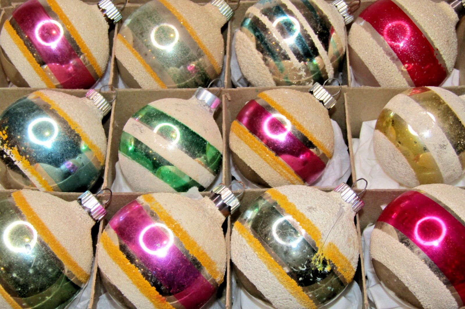 Lot VTG 50s Glass Gold Mica Stripes Snow Cap BALL Christmas Ornament Shiny Brite