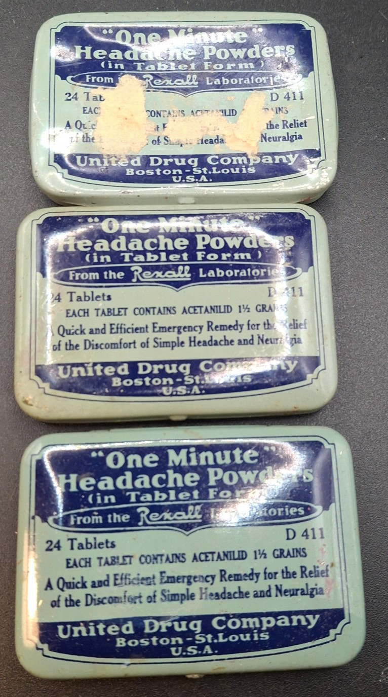 Vintage Rexall Headache Powder Tins Set 3 United Drug Co Pharmacy Advertising