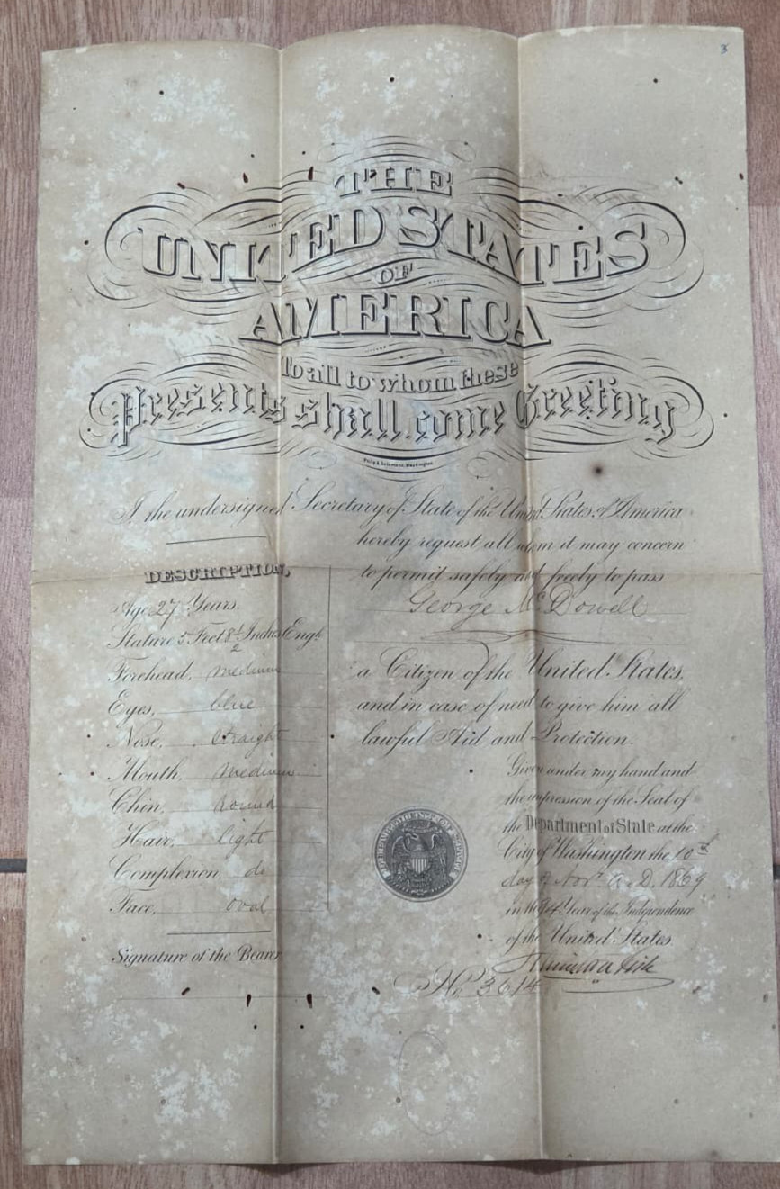 RARE CIVIL WAR ERA UNITED STATES PASSPORT SIGNED AUTOGRAPH ORIG DOCUMENT 1869 RARE CIVIL WAR ERA UNITED STATES PASSPORT SIGNED AUTOGRAPH ORIG DOCUMENT 1869