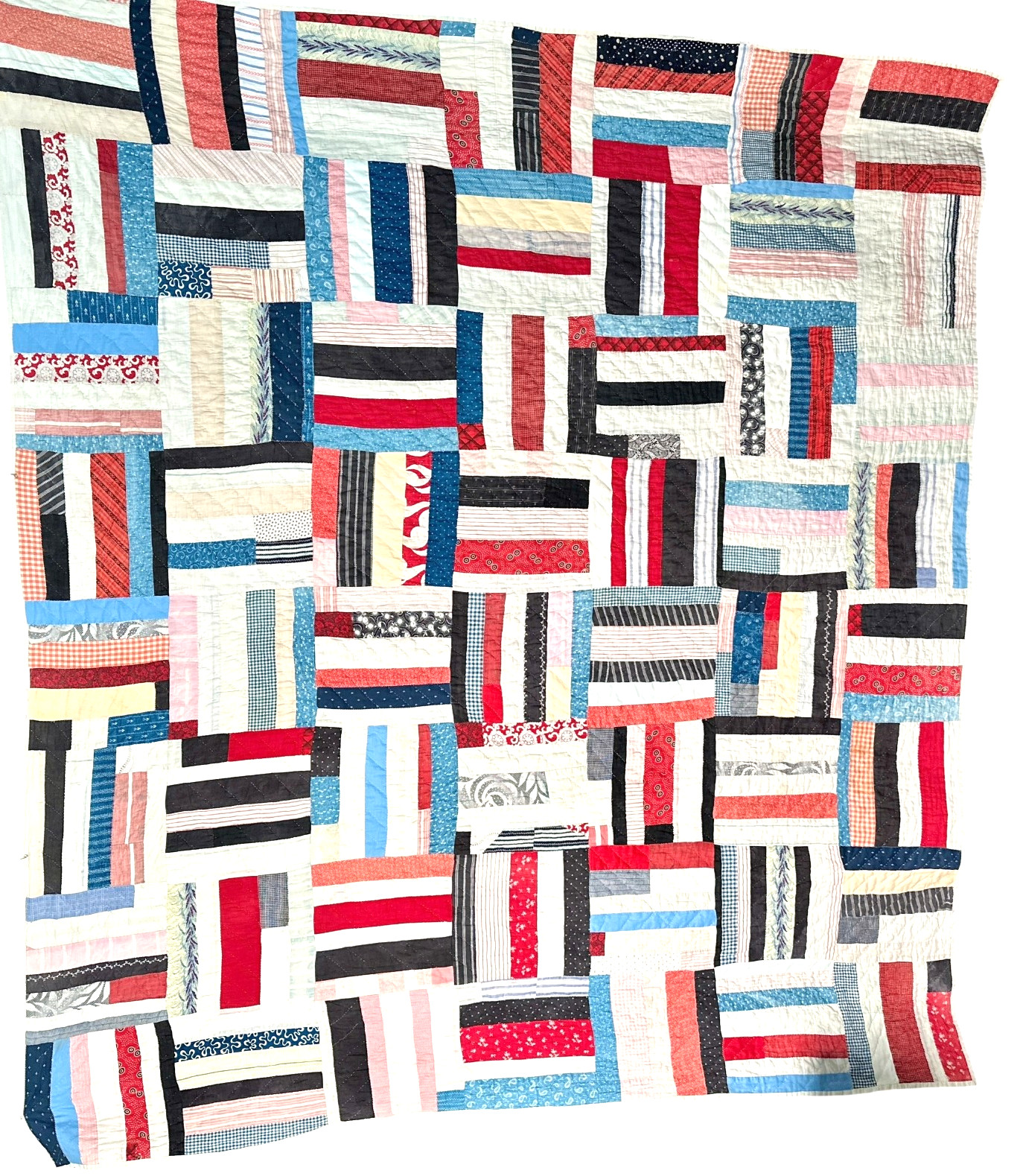 Antique 1870s Hand Stitched String Patchwork Quilt Red White Blue 65x75 Folk Art
