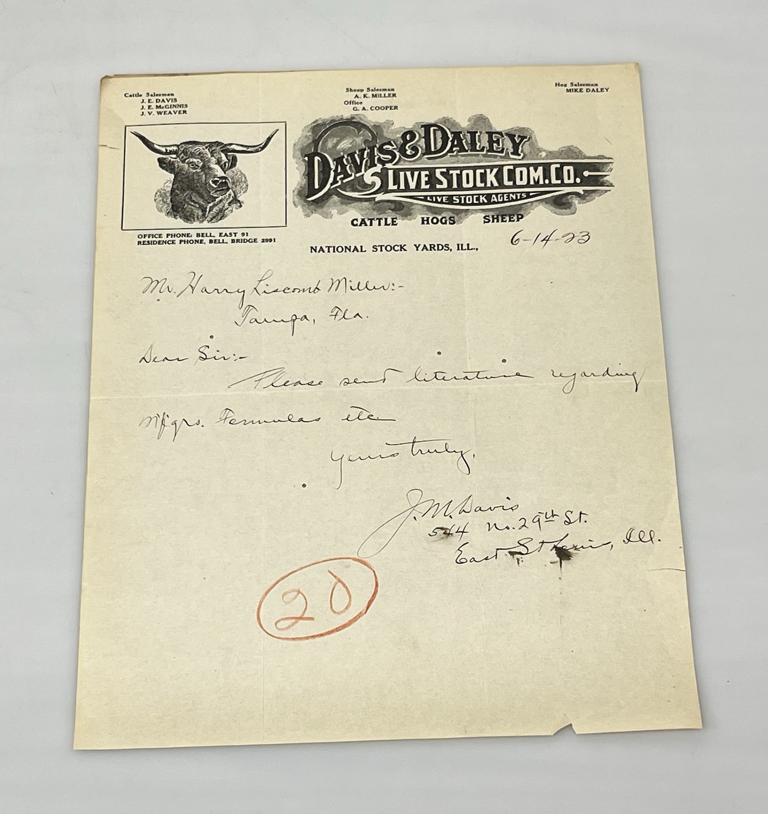 1923 Davis & Daily Livestock Com National Stock Yards Illinois Letterhead Letter 1923 Davis & Daily Livestock Com National Stock Yards Illinois Letterhead Letter