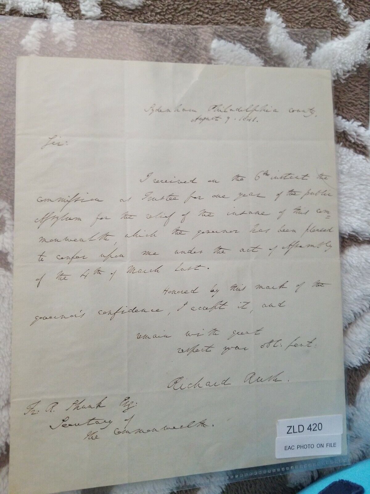 RICHARD RUSH  Att General under J. Madison ALS insane asylum trustee 8/9/1841