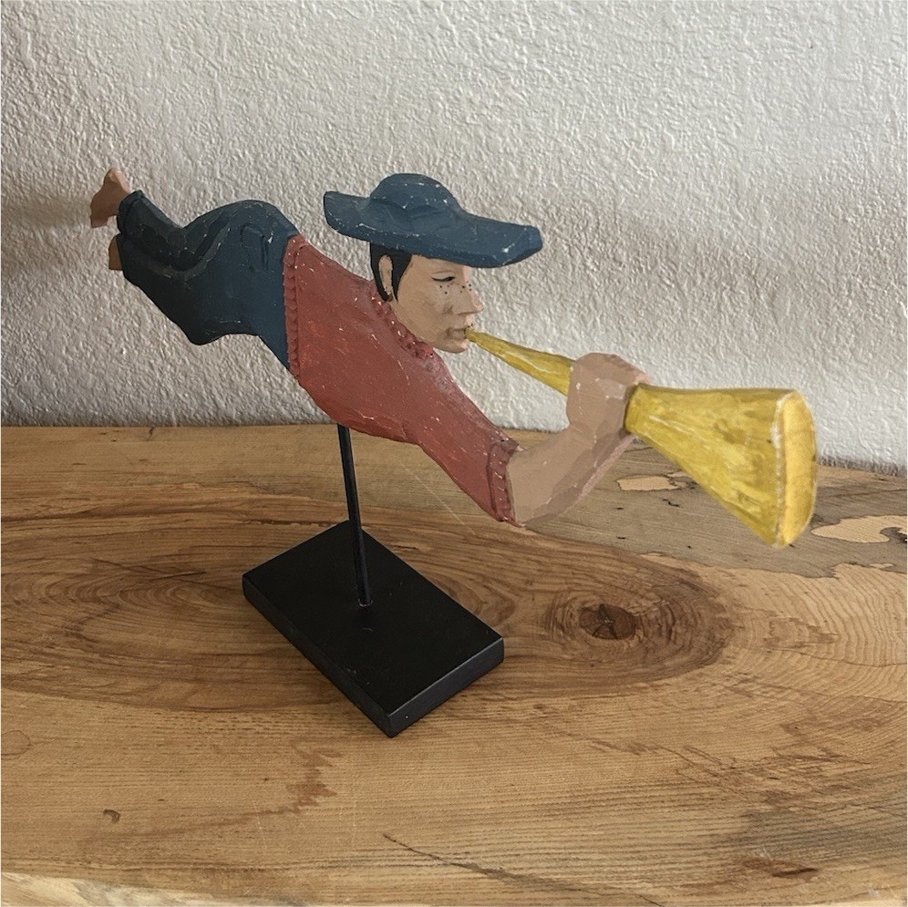 Vintage Hand Carved Wood Folk Art Flying Bugler Trumpeter Boy Sculpture 24” Vintage Hand Carved Wood Folk Art Flying Bugler Trumpeter Boy Sculpture 24”