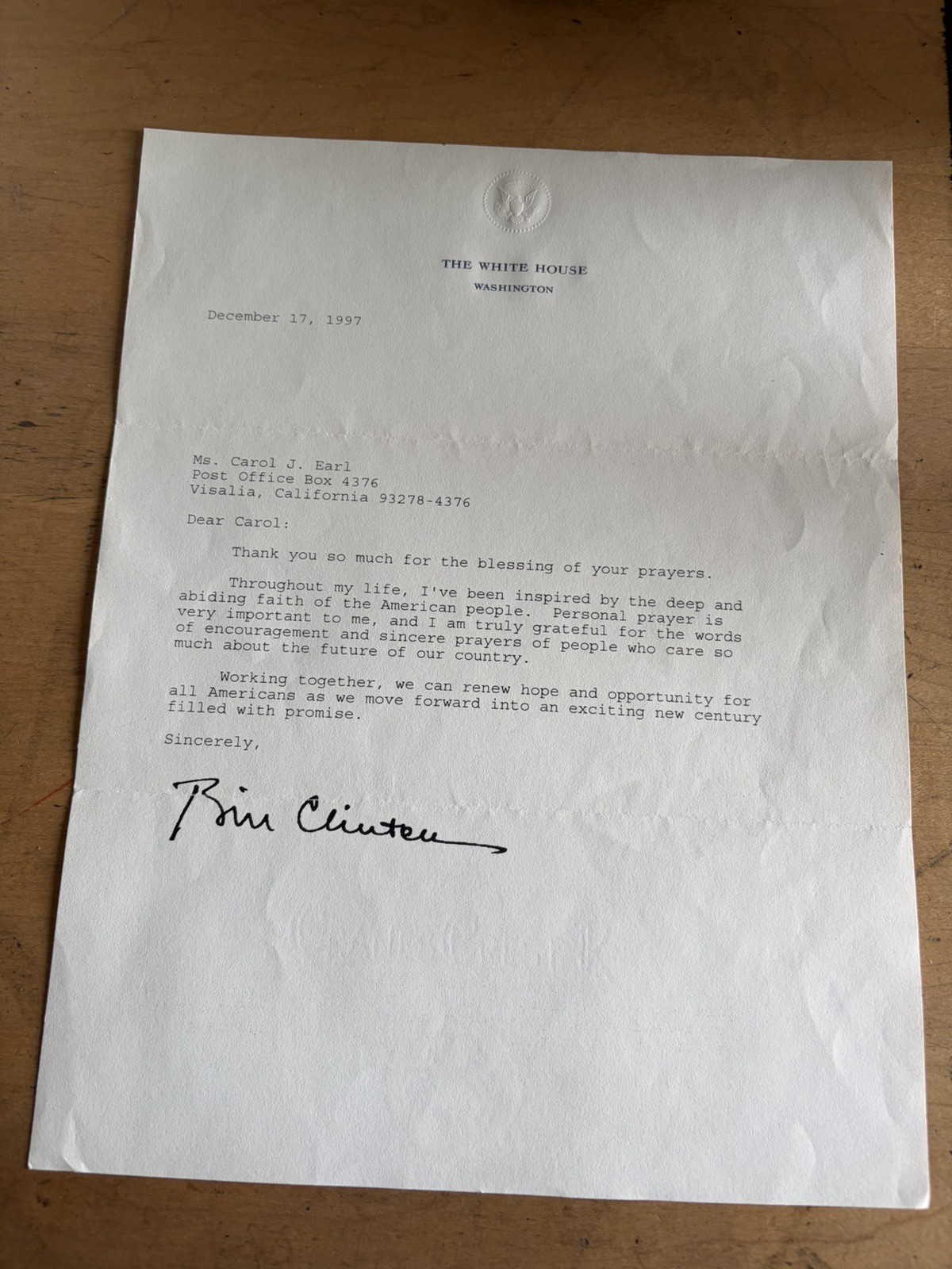 December 1997 President Bill Clinton signed personal letter December 1997 President Bill Clinton signed personal letter