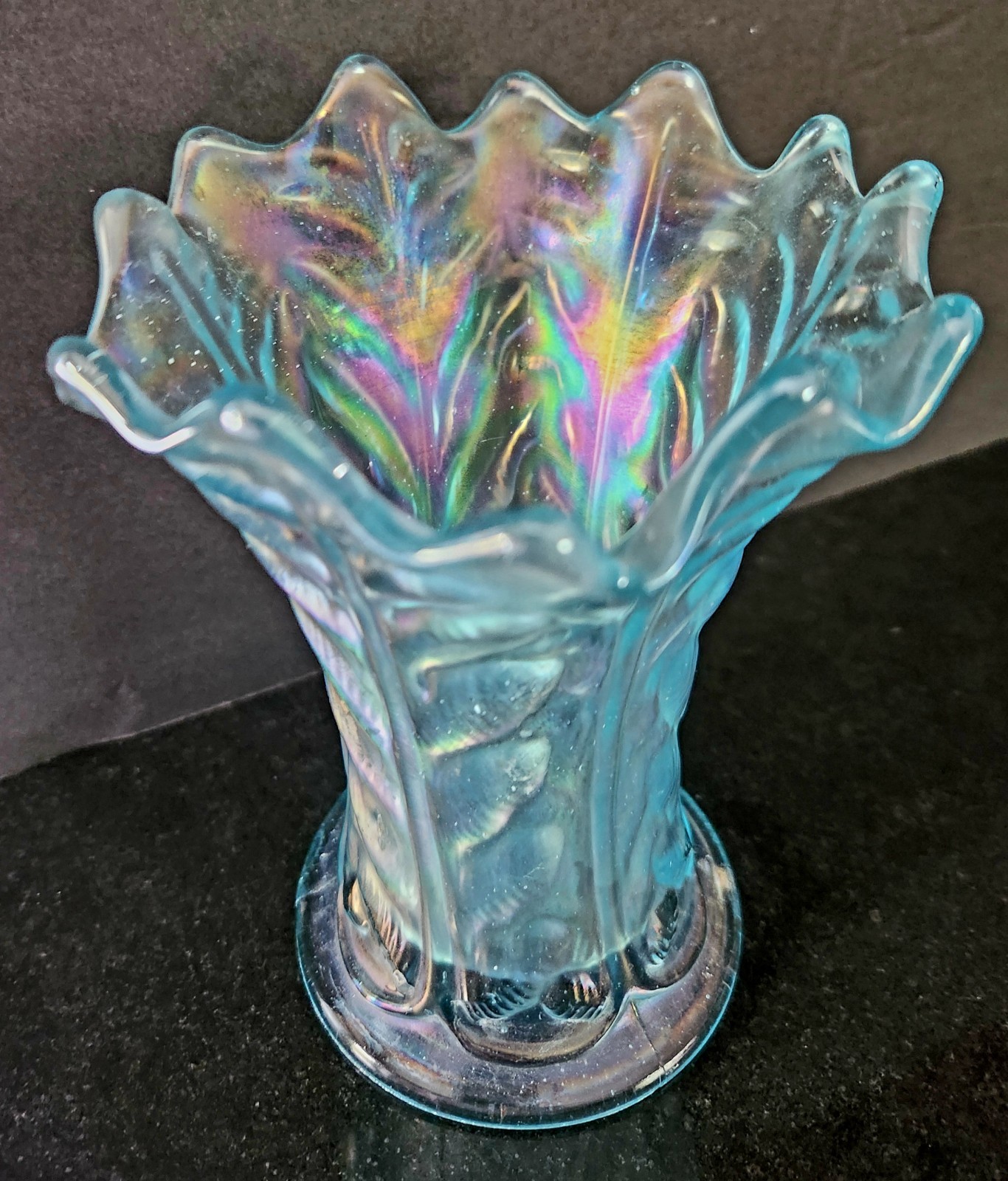 Vintage Northwood Ice Blue Leaf Columns Carnival Glass Squat Vase 6.5 Vintage Northwood Ice Blue Leaf Columns Carnival Glass Squat Vase 6.5