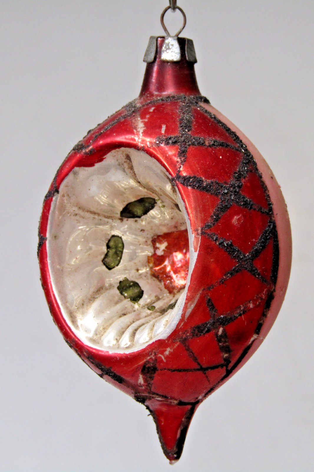 VTG 50\'s Glass Indent BELL w BOW Pictured Glitter DROP Christmas Ornament Poland