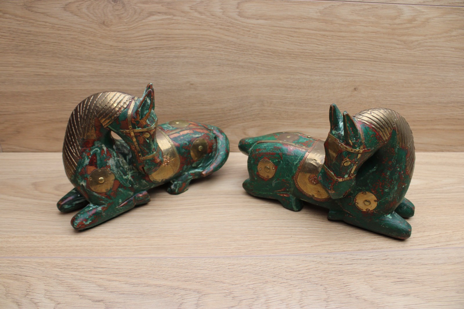 Pair Indian Rajasthani Carved Wood Brass Horse Statues Folk Art Decor Pair Indian Rajasthani Carved Wood Brass Horse Statues Folk Art Decor
