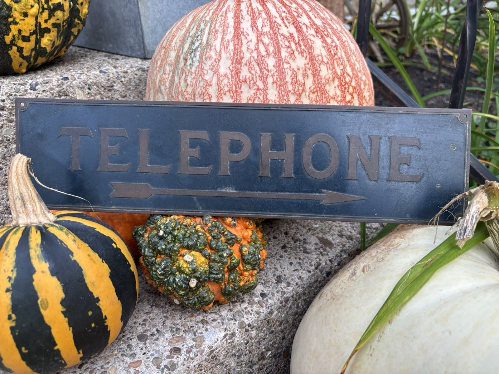 Antique Original Brass Embossed Telephone Arrow Telecom Phone Booth Trade Sign