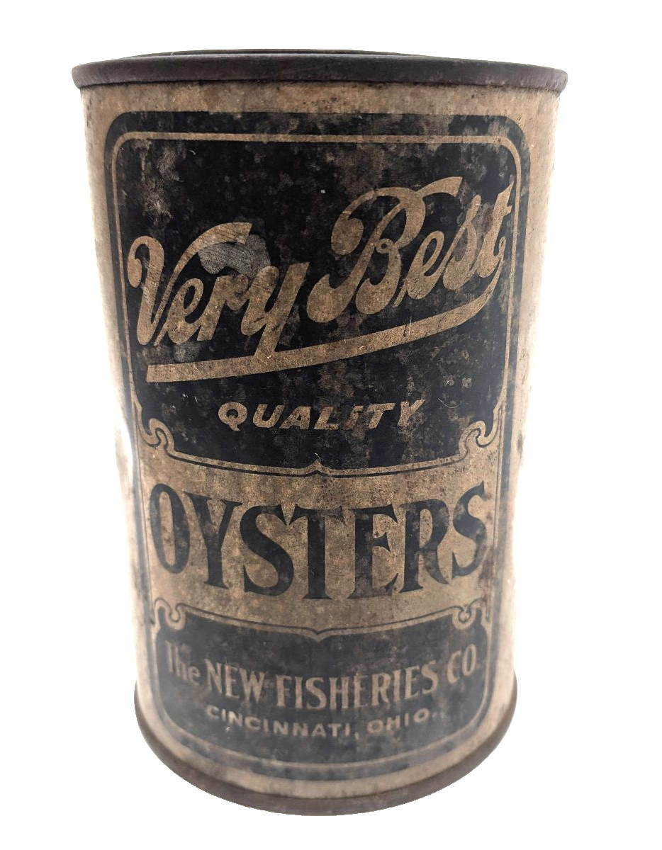 Vintage 1-Pint Oyster Tin The New Fishery Co Cincinnati Ohio Antique Can Old Vintage 1-Pint Oyster Tin The New Fishery Co Cincinnati Ohio Antique Can Old