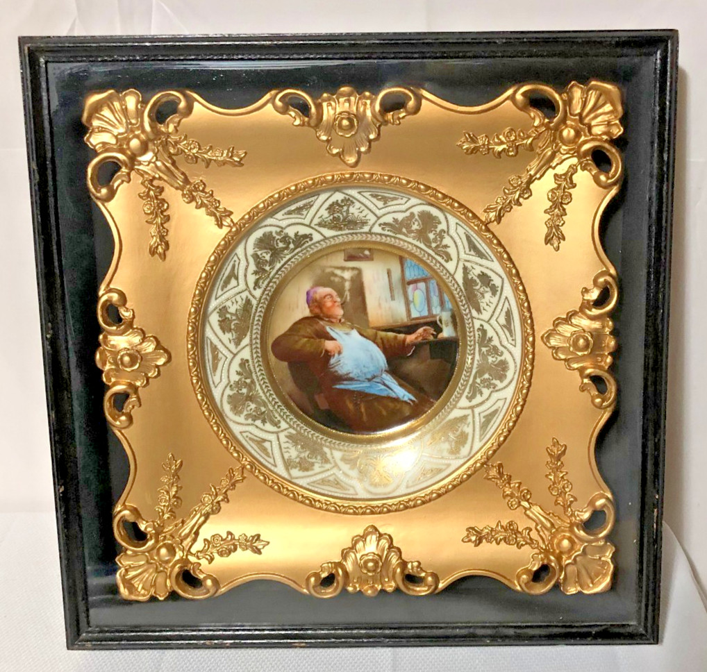 Antique Victorian HP Plate/Original Shadow Box Gold Gilt Frame/Bishop Smoking