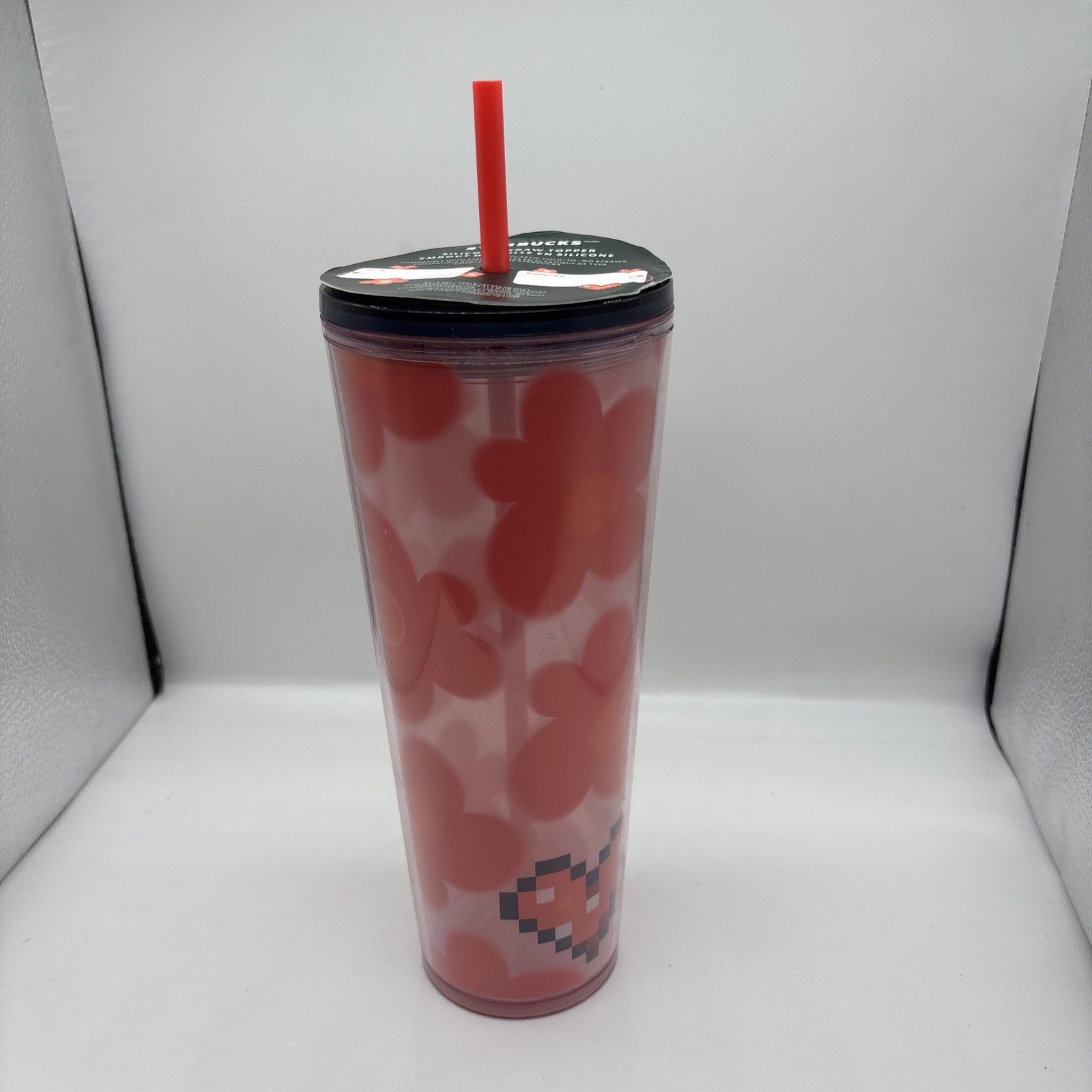 STARBUCKS Valentines Day Silicone Straw Pink Heart and Floral 24 Oz Cup NWOT