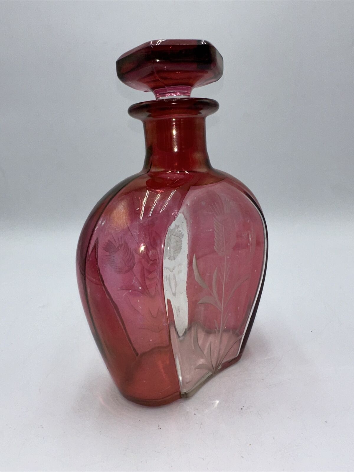 VTG Antique? Bohemian Red Flashed Thistle Etched Decanter w/ Stopper Estate Item