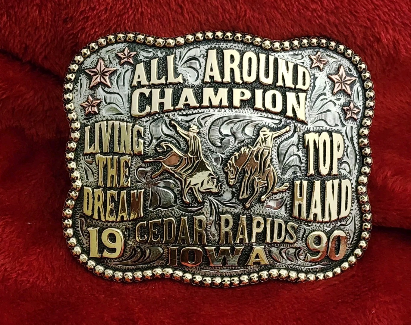 All Around Champion RODEO TROPHY CHAMPION BUCKLE☆Cedar Rapids Iowa☆1990☆RARE☆112