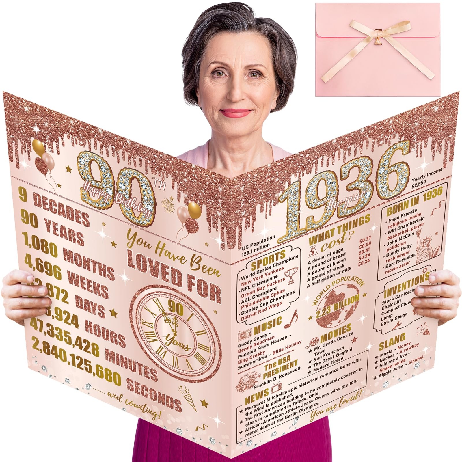 Turypaty Large 90th Birthday Card With Envelope for Girls, Pink Rose Gold The Ye Turypaty Large 90th Birthday Card With Envelope for Girls, Pink Rose Gold The Ye