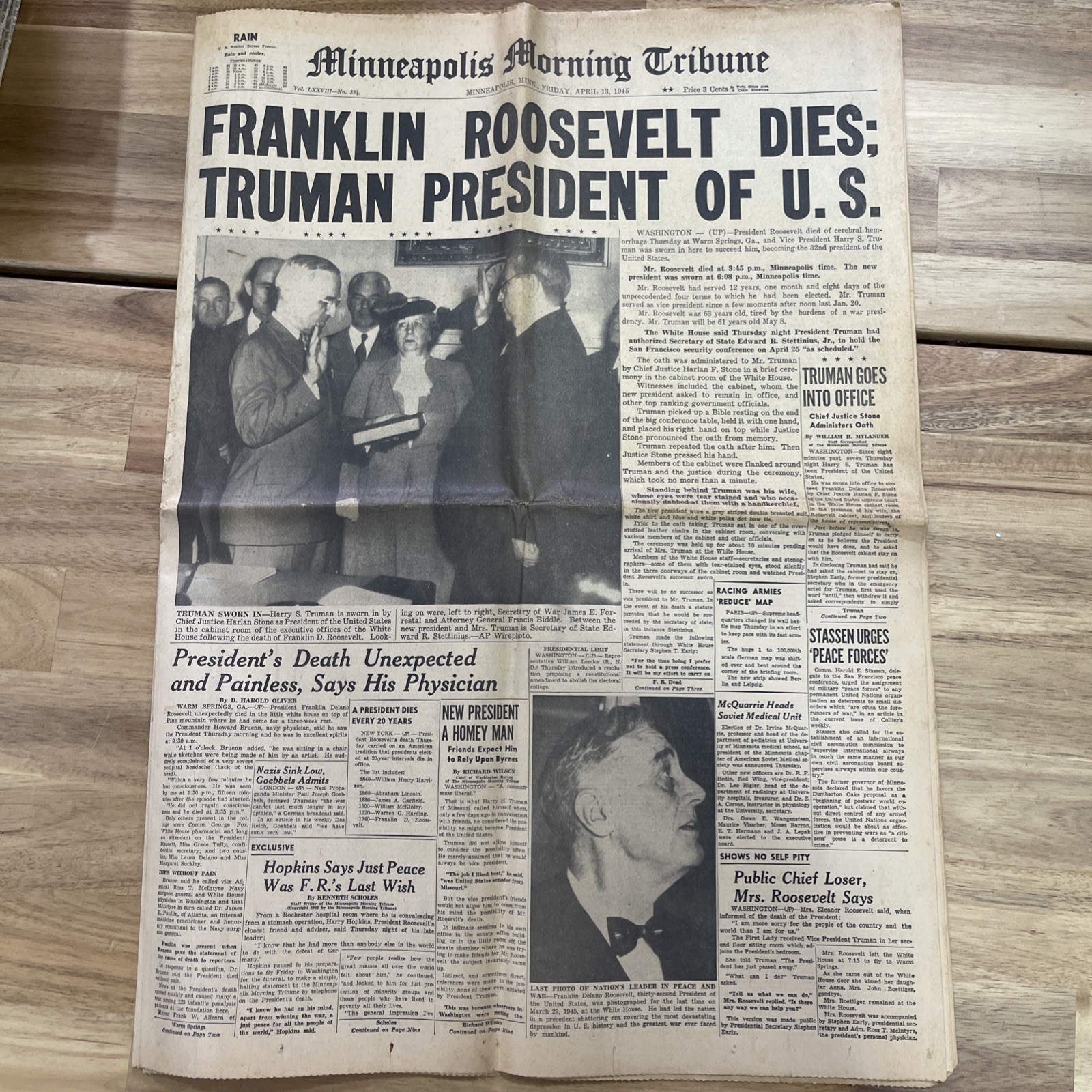 1945 Newspaper FDR Dies Truman Becomes President Minneapolis Tribune 1945 Newspaper FDR Dies Truman Becomes President Minneapolis Tribune