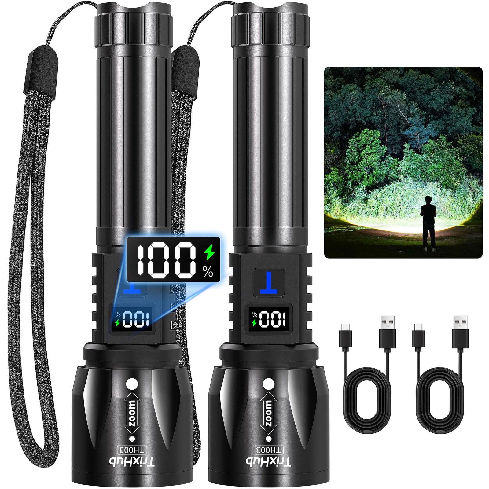 TrixHub Rechargeable Flashlights High Lumens 2Pack, 5Mode Flash 2 Pack, Black