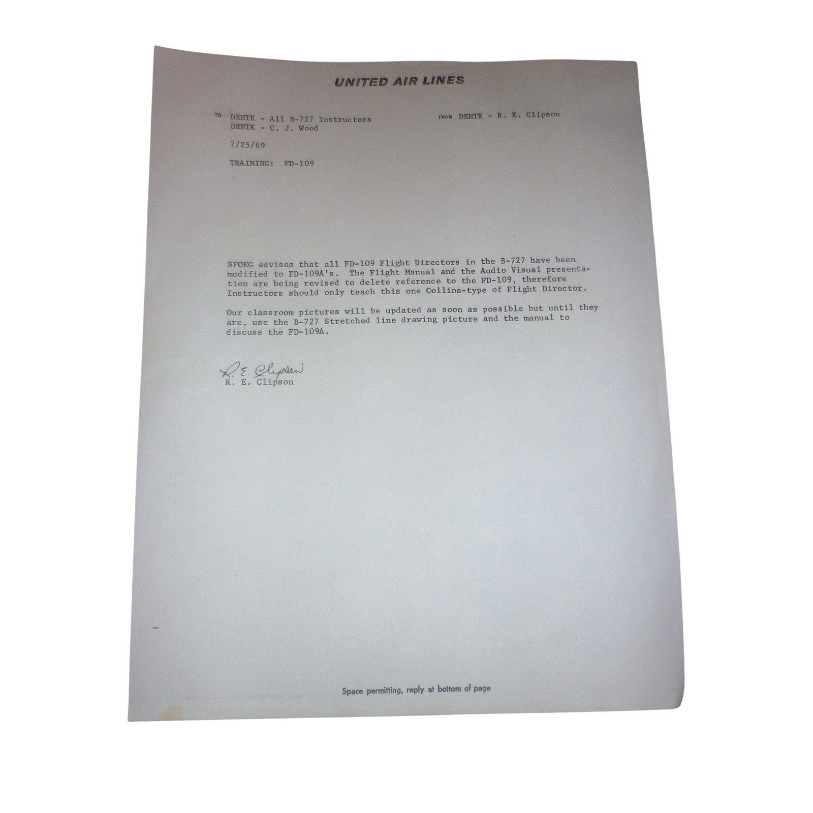 Vintage 1969 United Air Lines Boeing B-727 FD-109 Training Memo R.E. Clipson