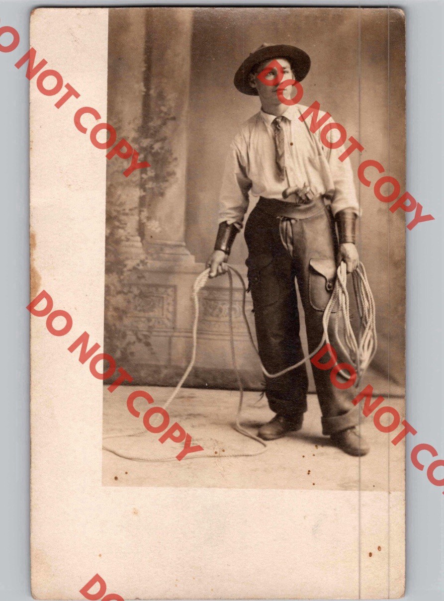 c1910 Cowboy Man Holding Lasso Rope Western BOULDER Colorado CO RPPC Real Photo c1910 Cowboy Man Holding Lasso Rope Western BOULDER Colorado CO RPPC Real Photo